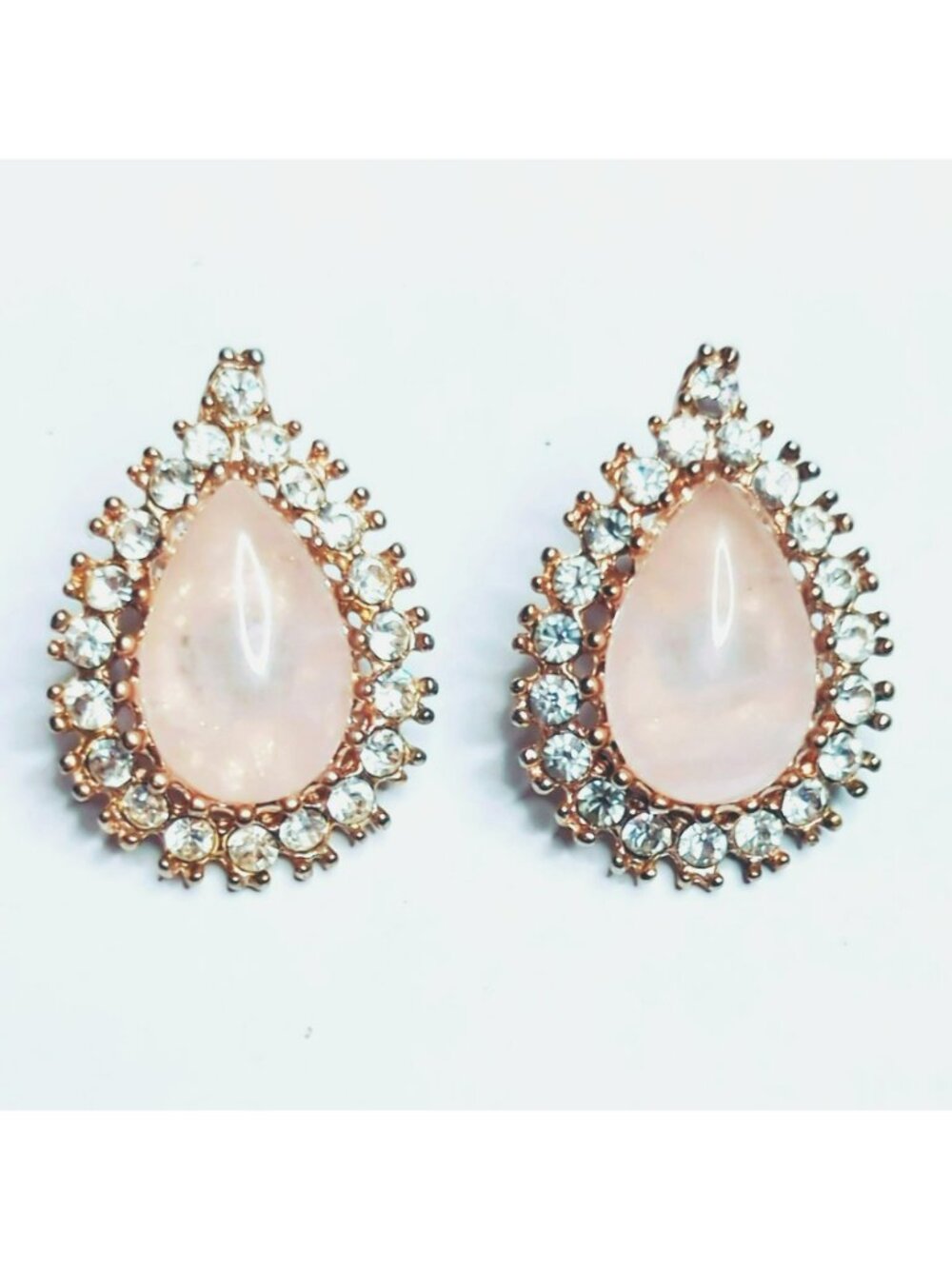 Pink Teardrop Cabochon Rhinestone Halo Earrings Gold Tone Vintage - Picture 2 of 5